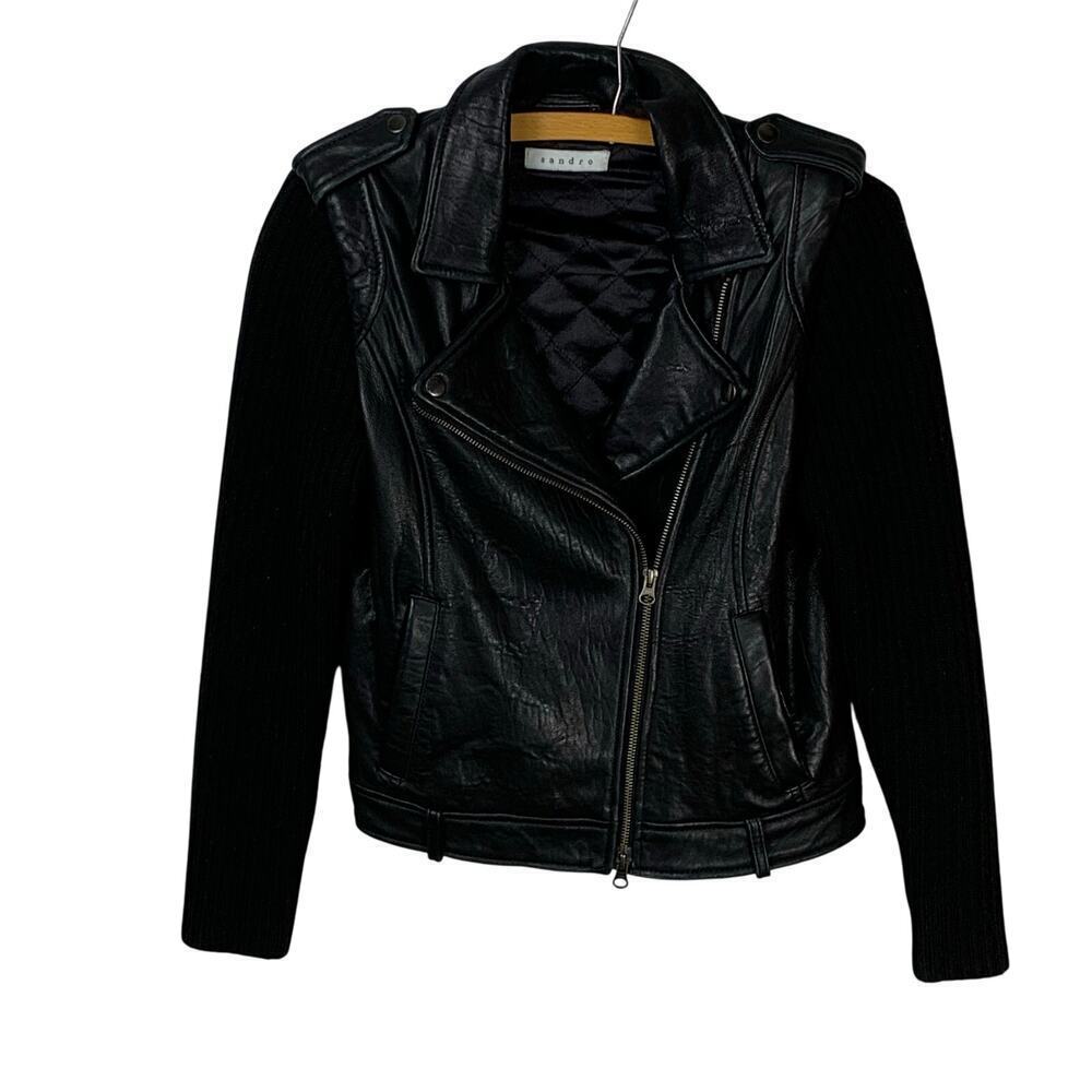 Sandro Black Lambskin Leather Moto Jacket Knit Sleeves Size S/M